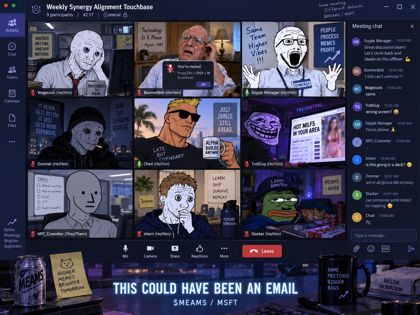Nine meme characters trapped in a chaotic corporate video meeting